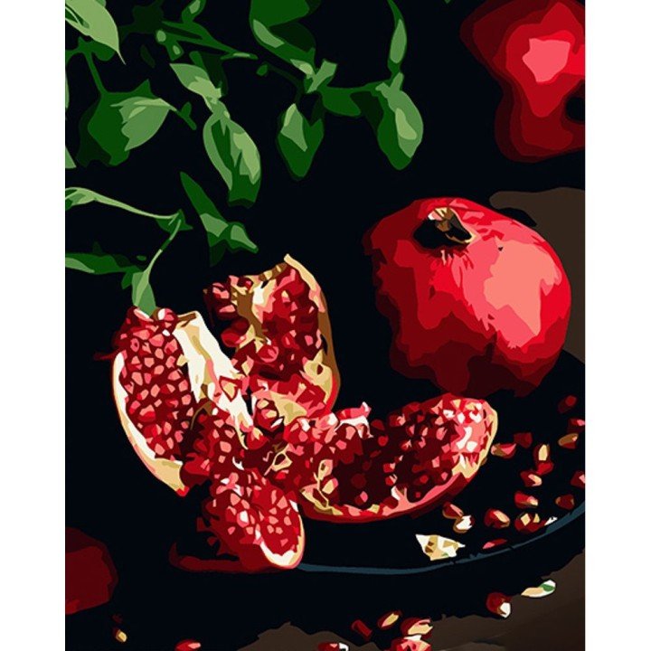 Картина за номерами на чорному фоні "Гранат на тарілці" 40х50