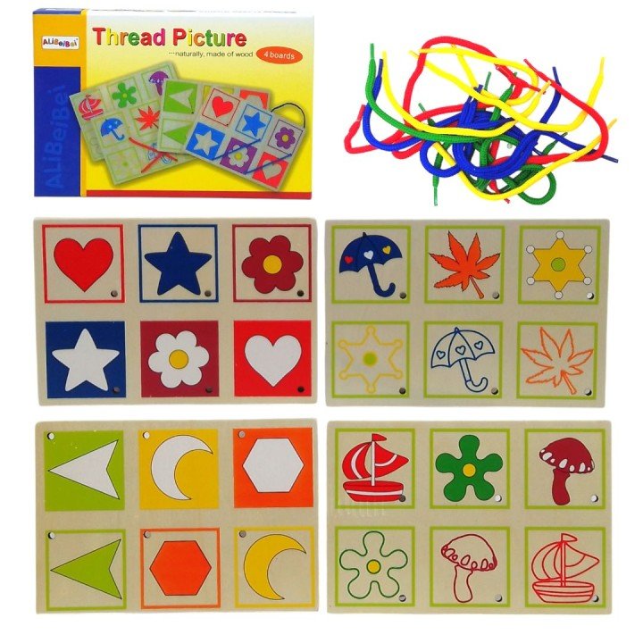 Шнурівка деревʼяна, 4 дощечки, кольорові шнурки