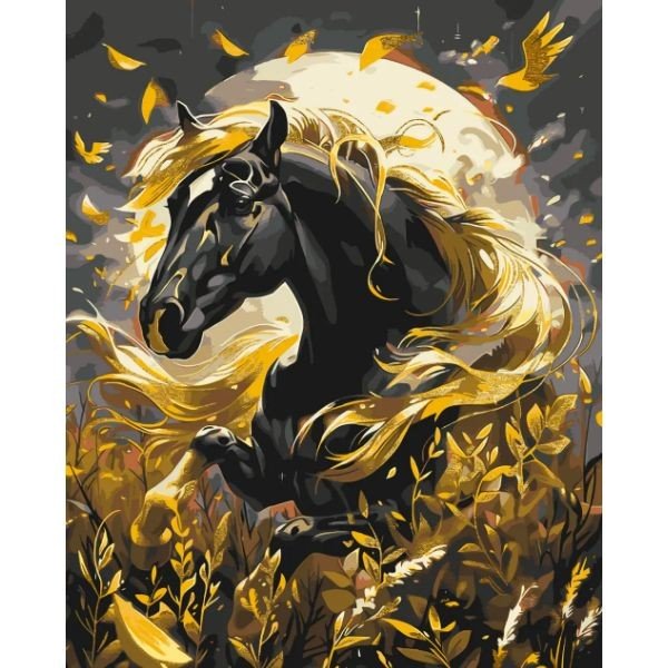 Картина по номерах з фарбами металік "Чорний кінь" 40х50 см
