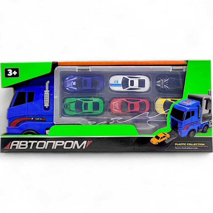 Трейлер-автовоз із металевими машинками "Автопром" (синій)