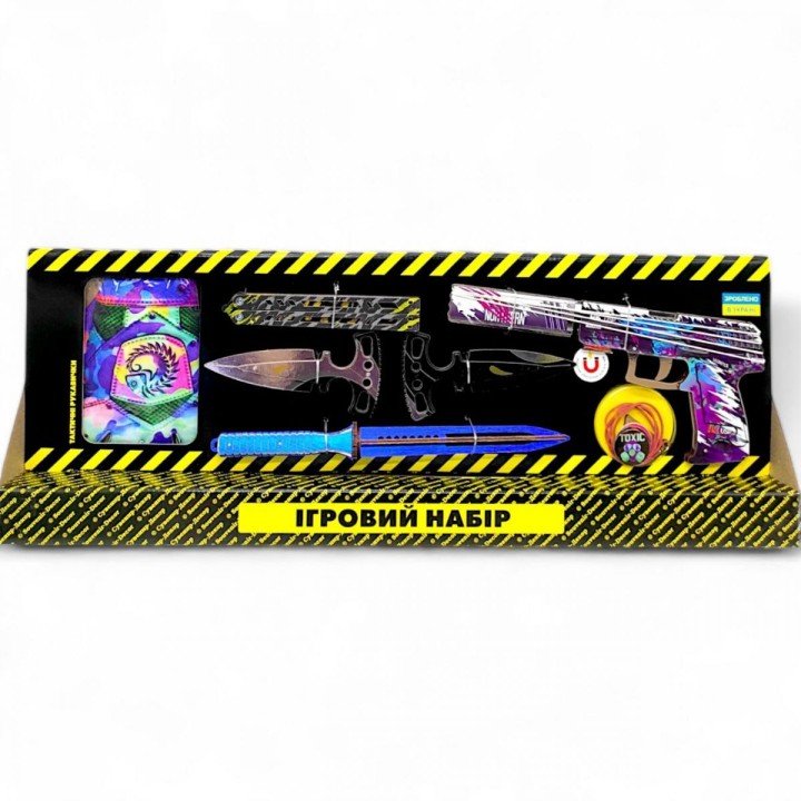 Ігровий набір "BIG BOX Genesis", деревʼяний - резинкостріл, ножі, рукавички, брелок