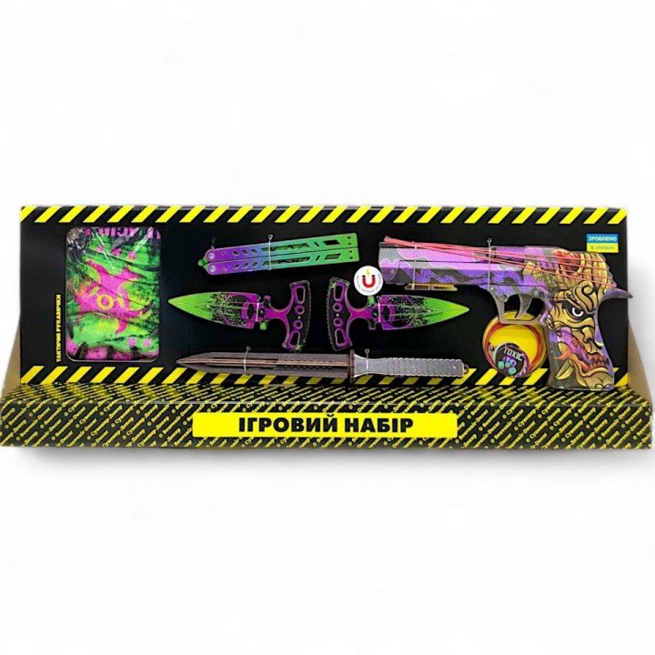 Ігровий набір "BIG BOX Orochi", деревʼяний - резинкостріл, ножі, рукавички, брелок