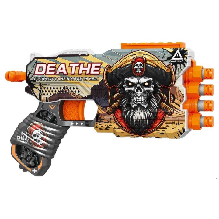 Пістолет іграшковий "Смерть", механічний, чотириствольний з мʼякими набоями, 23 см