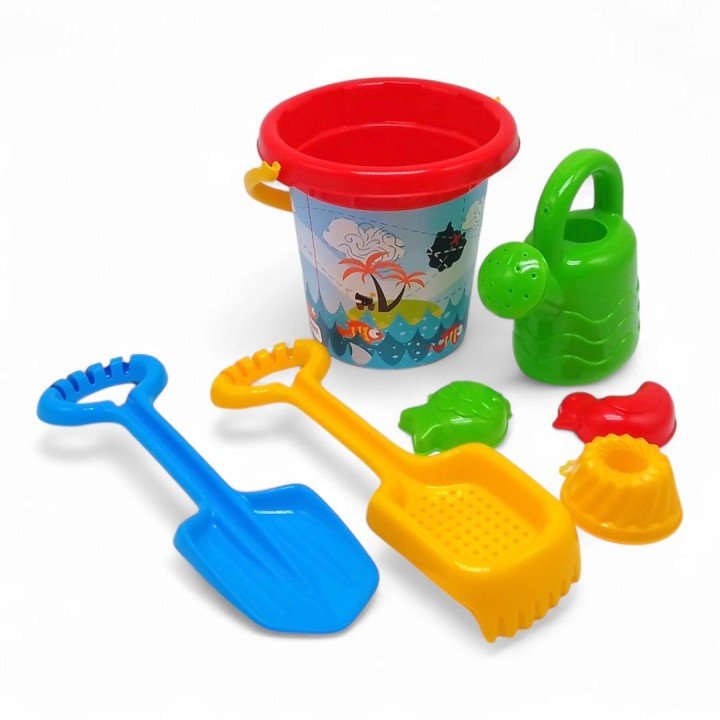 Пісочний набір - відерце, лійка, лопатка, граблі-сито, 3 формочки