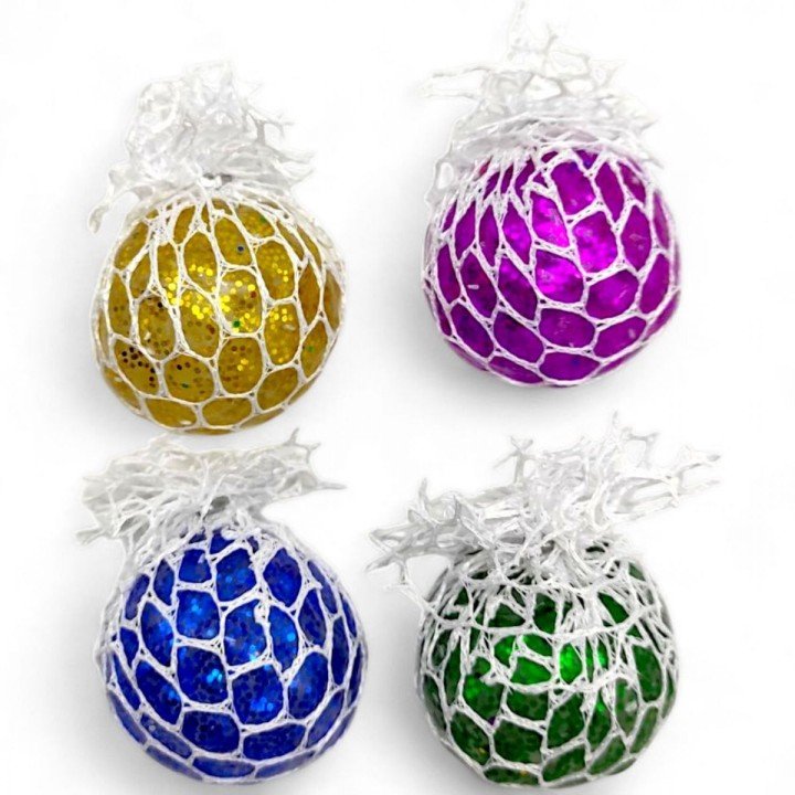 Антистрес з блискітками у білій сітці, 4 см (Мікс)