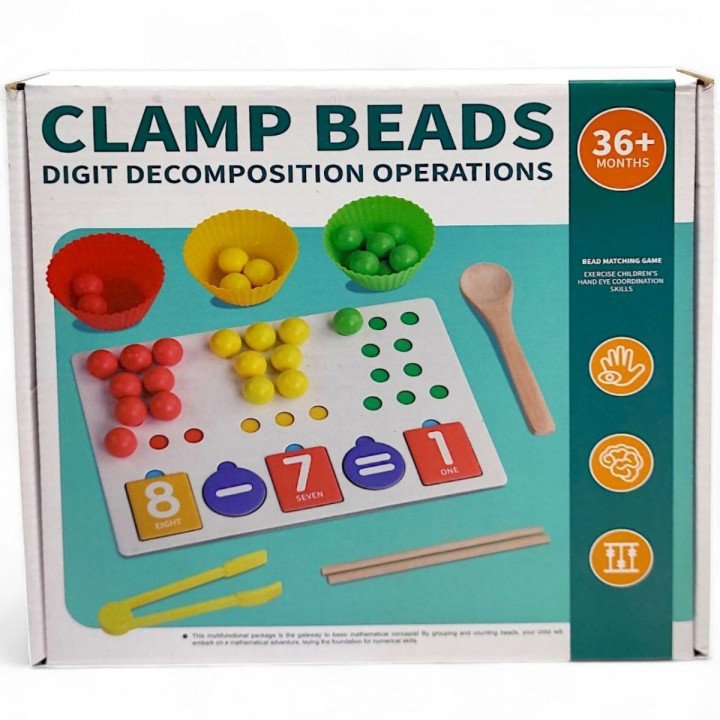 Логічна гра, деревʼяна, 22х15см (дощечка сортувальна, вкладиші-цифри, камінці сортувальні, кошики, щипчики, ложечка, палиці)