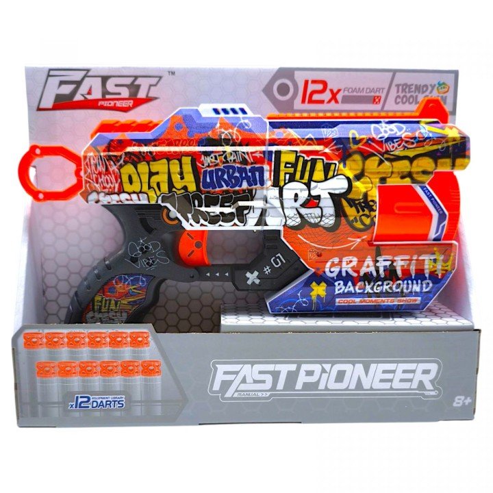 Іграшковий пістолет мех. з барабаном та мʼяк. набоями (12 шт.) (Графіті) (28 х 17,4см)