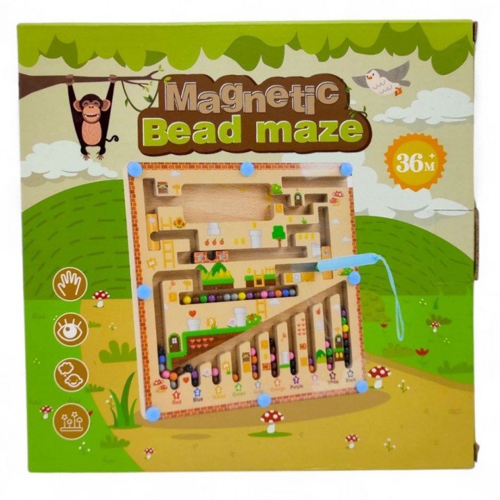 Дерев`яна магнітна дошка (стилус, лабіринт, сортер, кольори англійською, цифри)