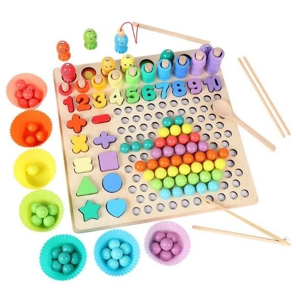 Логічна дошка дерев`яна (кілочки, магнітна риболовля, кульки, цифри, 3 картки, аксесуари для гри)