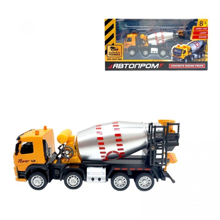 Будтехніка мет. АВТОПРОМ VOLVO Автобетонозмішувач, бат,світло,звук,рухливі деталі,у короб. 28*14*10см