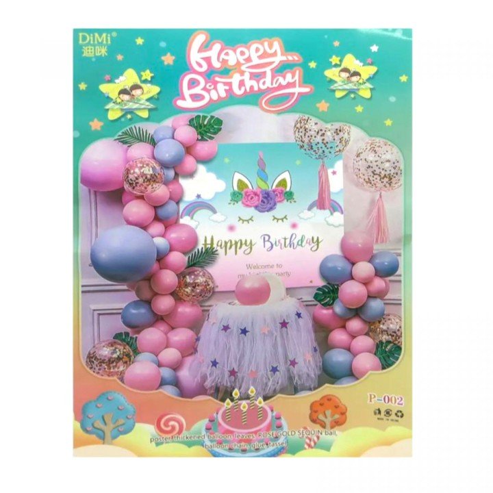 Фотозона з повітряних куль Happy Birthday- Єдиноріг постер-набір латекс.куль, кульки з блиском, пензлики, стрічка-скотч (45 елементів)