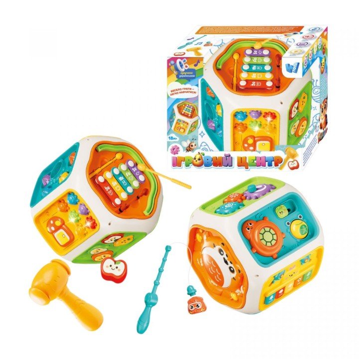 Ігровий центр, ОЗВУЧУВАННЯ УКРАЇНСЬКОЮ МОВОЮ, підсвічування, пісні, казки, скоромовки, цифри, музичні інструменти: барабан, клавіші, ксилофон, гра на реакцію, магнітна риболовля, пальчикові ігри, сортер, шестерні, в коробці