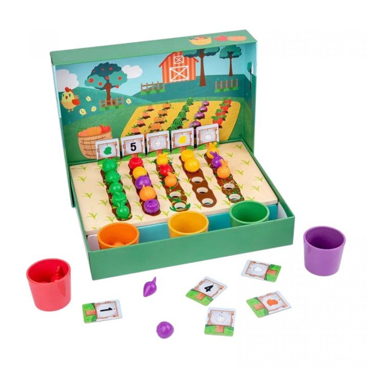 Логічна гра дерев’яна основа, 5 чаш для сортування, 25 гумових овочів, 10 двосторонніх карток із завданнями