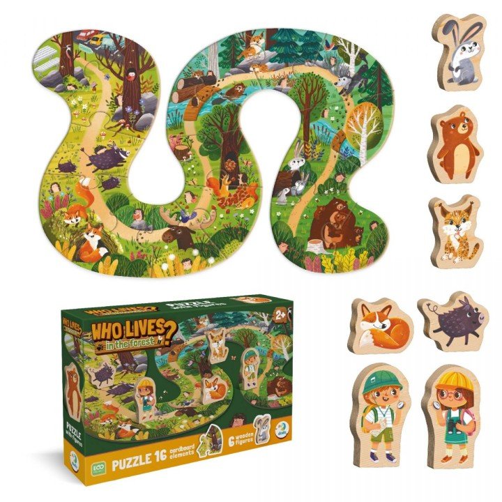 Пазл «Хто живе в лісі?» (16 картонних деталей + 6 дерев'яних фігурок)