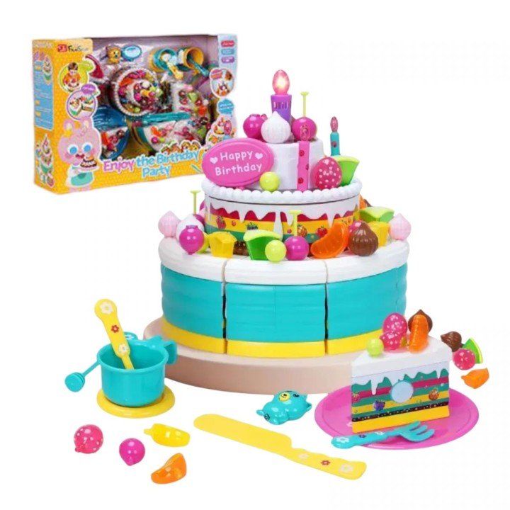 Тортик на липучках смаколики, прикраси, посуд, свічка та запальничка підсвічуються, в коробці