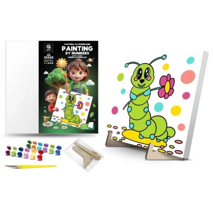 Картина по номерах "Зелена Гусениця" (25х25 см) з деревʼяною підставкою
