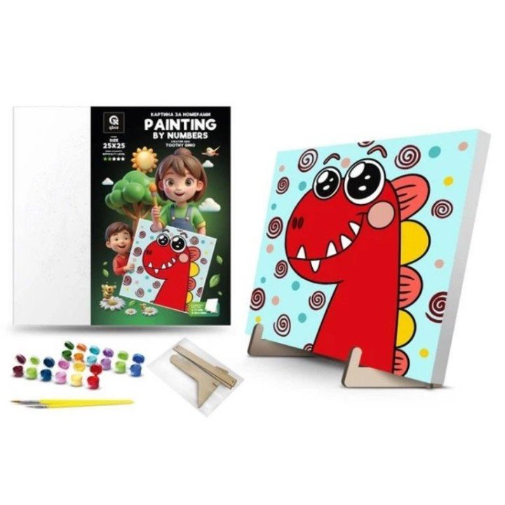 Картина по номерах "Зубатий Діно" (25х25 см) з деревʼяною підставкою