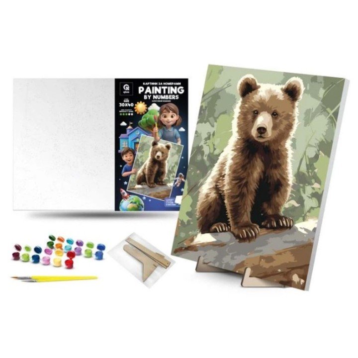Картина по номерах "Допитливий ведмедик" (30х40 см) з деревʼяною підставкою