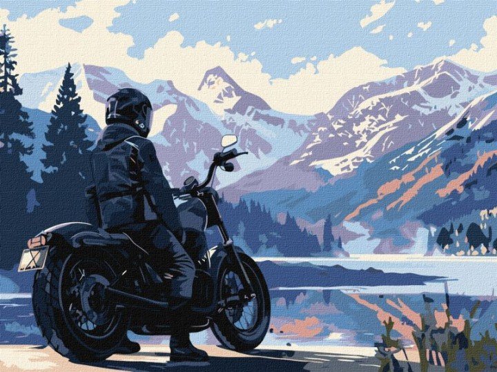 Картина за номерами - Мотоцикліст у горах 30х40 см.