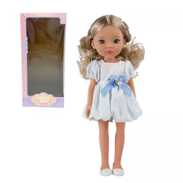 Лялька в сукні з блакитним бантом, розмір 33см