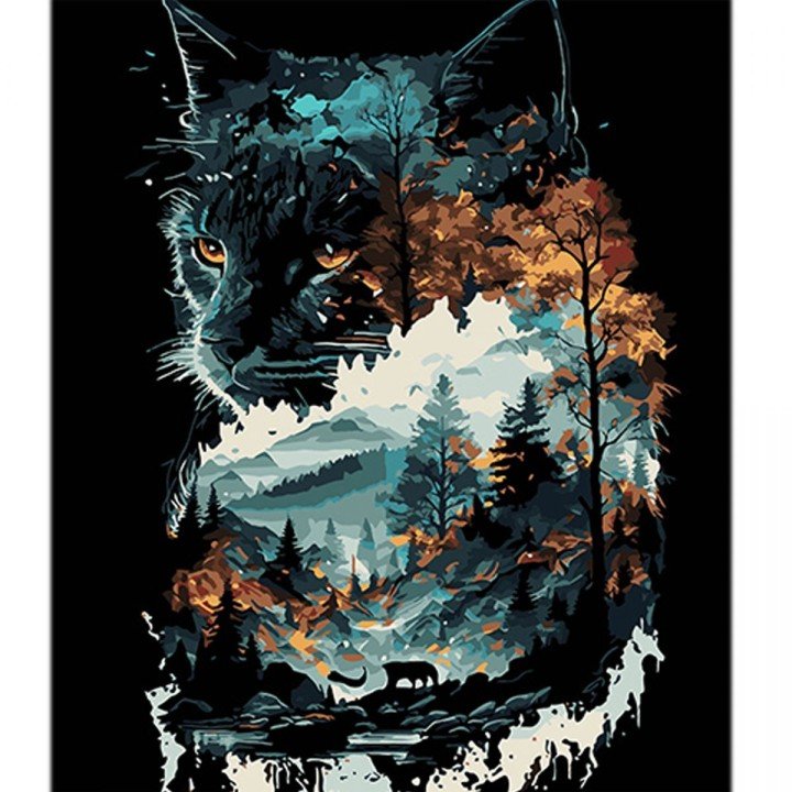 Картина по номерах на чорному фоні "Кішка в подвійній експозиції" 40х50 см