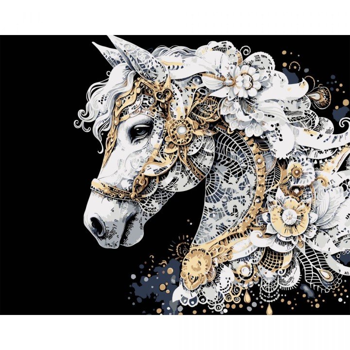 Картина по номерах на чорному фоні "Кінь із золотими візерунками" 40х50 см