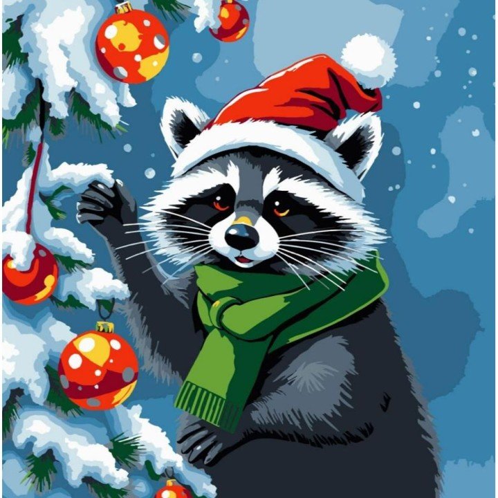 Картина по номерах "Єнот прикрашає ялинку" 30х30 см