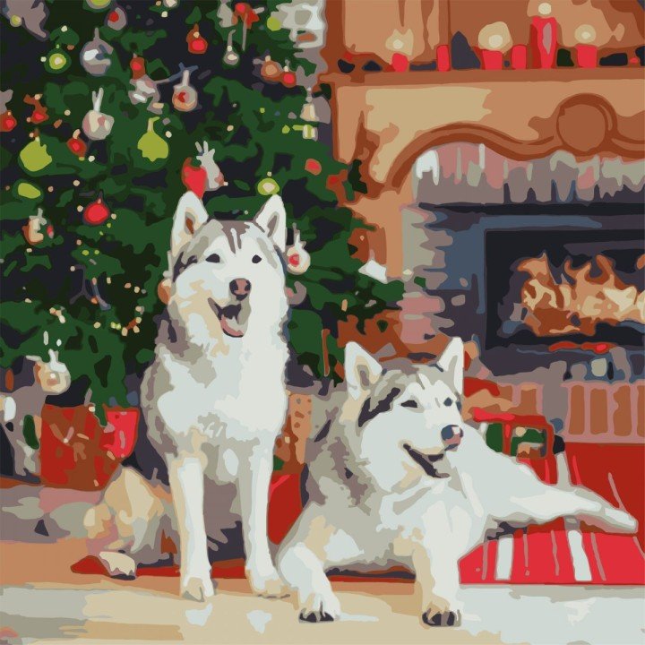 Картина по номерах "Хаскі біля каміну" 40х40 см