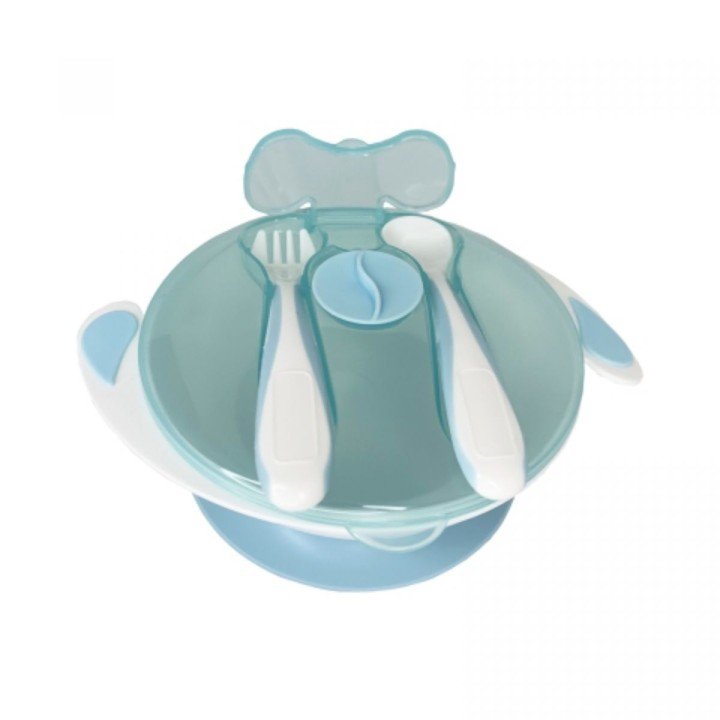 Тарілка на присосці з ложкою та виделкою (БЛАКИТНА)