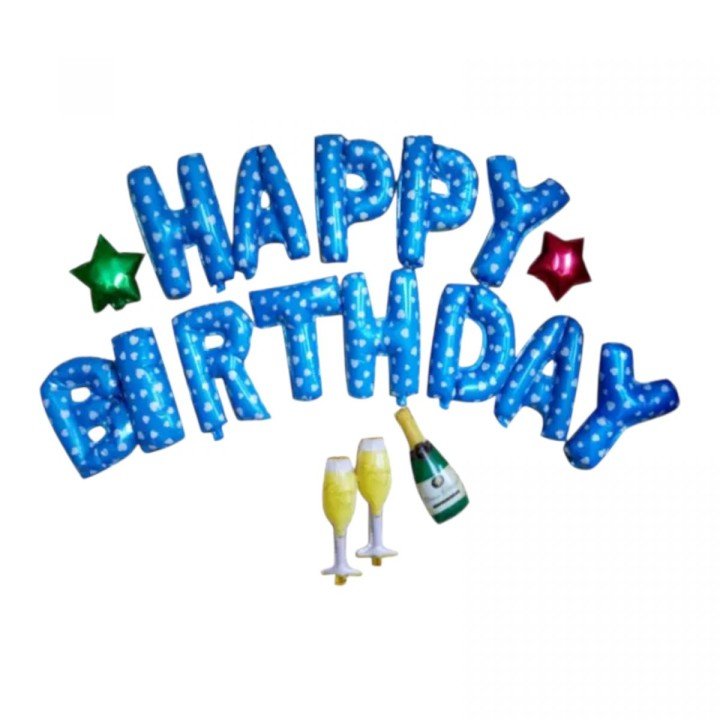 Набір фольгованих повітряних кульок Happy Birthday з келихами (БЛАКИТНИЙ)