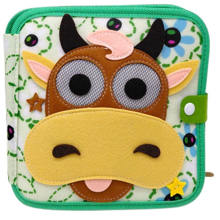 Мʼяка книжка-бізіборд "Корівка" (пальчикові ігри, шнурівка, сортер за кольорами)