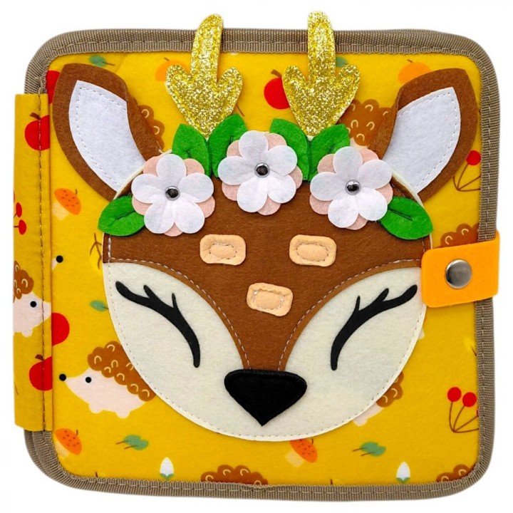 Мʼяка книжка-бізіборд "Оленятко", пальчикові ігри, шнурівка, сортер за кольорами