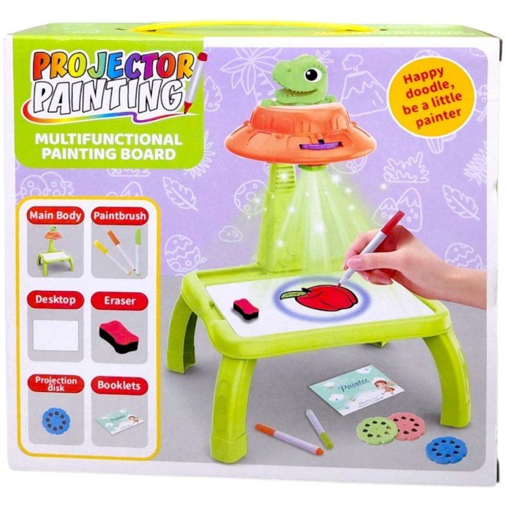 Столик з проєктором на батарейках, “Динозавр”, підсвітка, диски, фломастери, в коробці