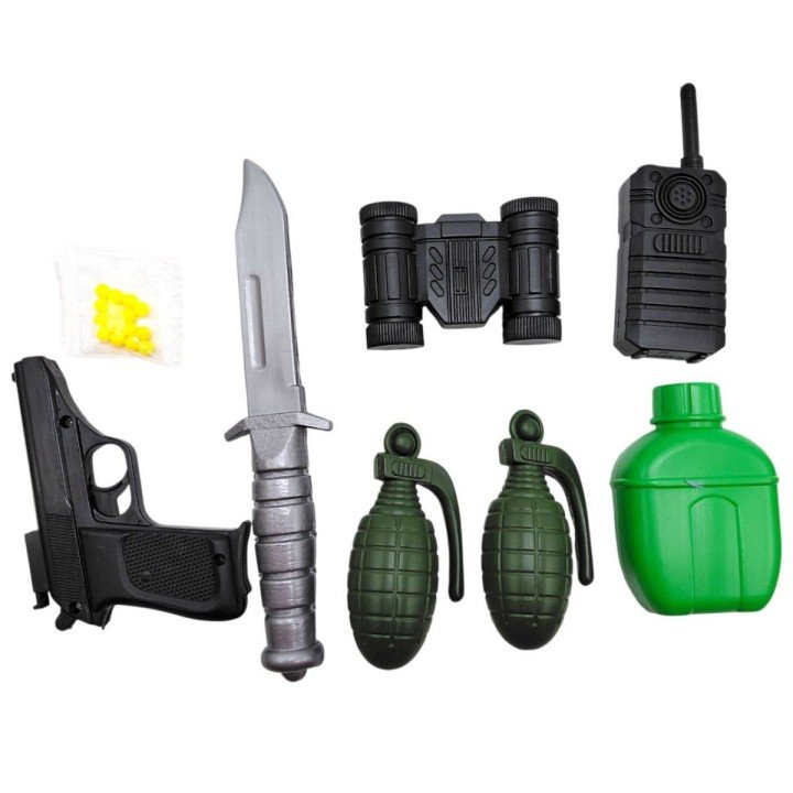 НАБІР АРМІЇ: ПІСТОЛЕТ, ФЛЯГА, ГРАНАТА 2ШТ, БІНОКЛЬ, РАЦІЯ (ПІСТОЛЕТ НА ПУЛЬКАХ)