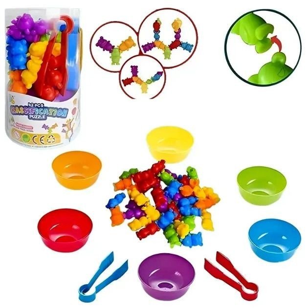 Логічна гра, сортер, 42 елементів, 6 тарілочок, 2 пари щипців