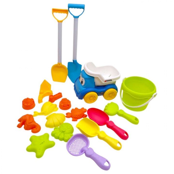 Пісочний набір (розмір самоскида 16.5х11.х13 см, висота відра 10 см,  граблі, сито, 4 лопатки, 11 формочок) в сітці