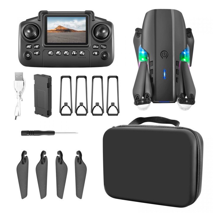 Квадрокоптер на радіокеруванні E 99 D PRO (36) підсвічування, оберти, керування з додатка, Wi-fi камера, пульт 2.4 G, екран на пульті, TF Card, футляр, в коробці