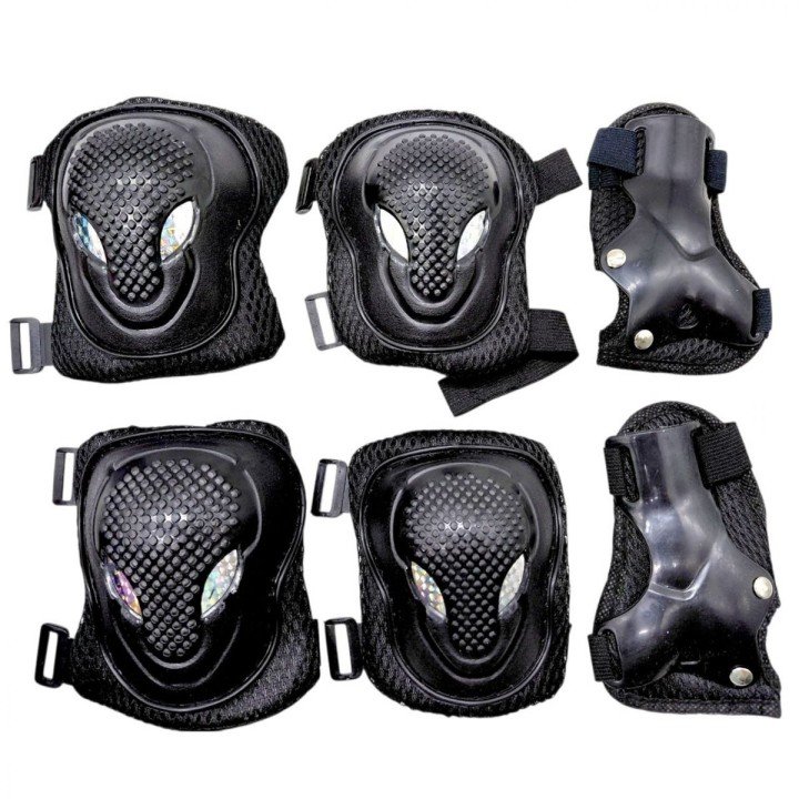 Захисний набір: налокітники, наколінники, запʼястя, у сітці (ЧОРНИЙ)