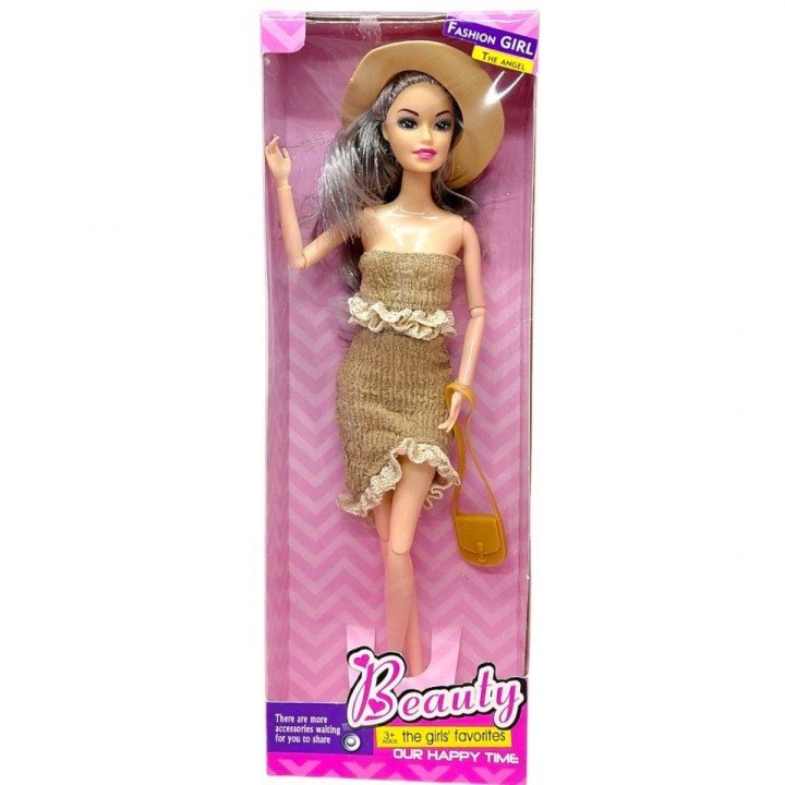 Лялька, типу барбі, в стильному одязі (БЕЖЕВА СУКНЯ)