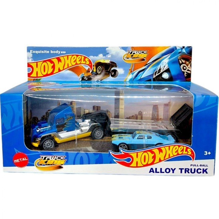 Металевий тягач з машинкою на причепі (СИНІЙ)