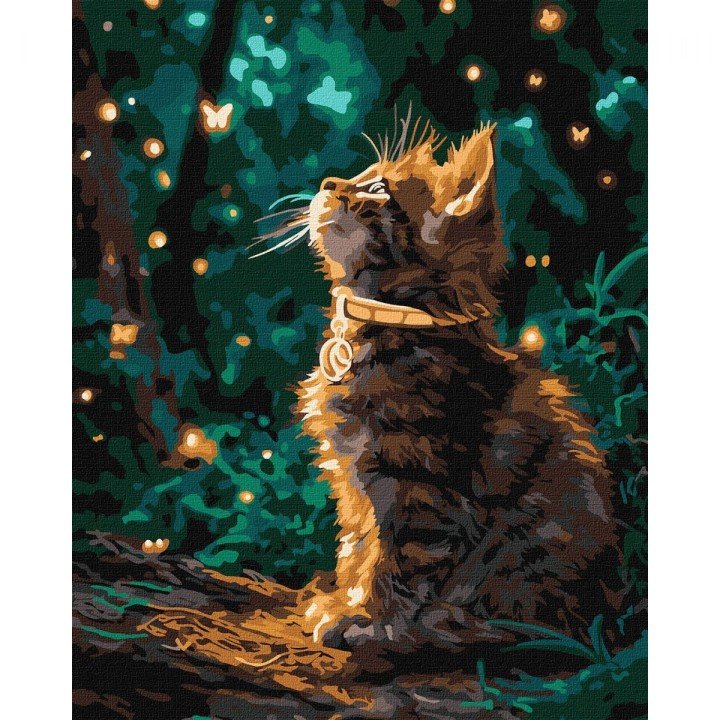 Картина по номерах з фарбами металік "Кошеня та світлячки" 40х50см