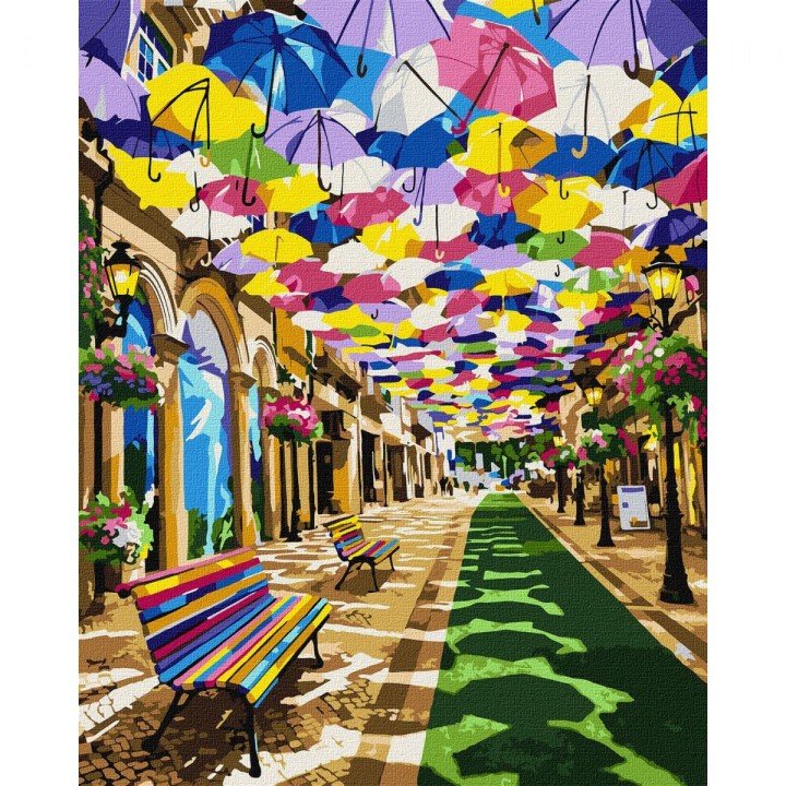 Картина по номерах "Вулиця кольорових парасольок" 40х50см