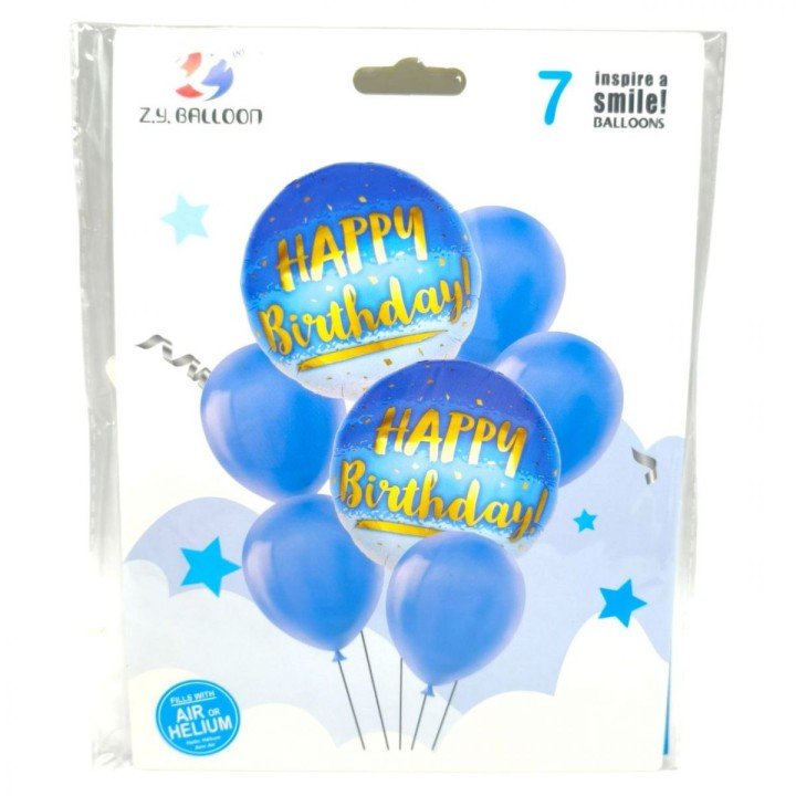 Повітряні кульки, набір-святковий "Happy birthday" 7шт. = 2шт * 45см + 5шт * 30см, блакитний