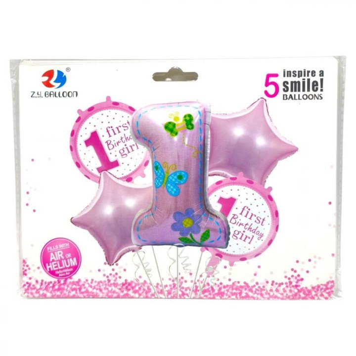 Кулі фольговані набір "First birthday-Girl" 5шт.=1шт*80см+4шт*45см