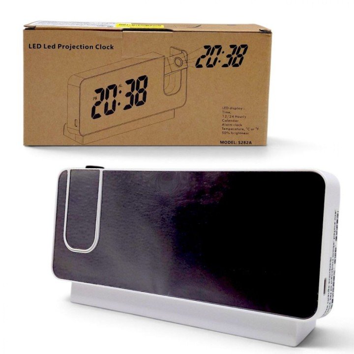 Годинник 18,5х4х10 см, 4 bit LED дисплей, акумулятор 3 V, USB, температура, час/дата,  будильник, проєкція, у коробці (БІЛИЙ)