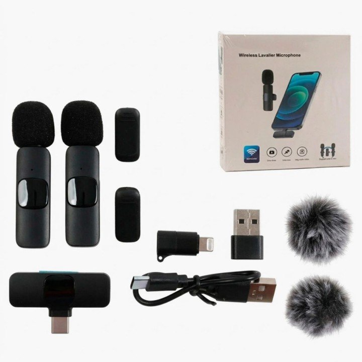 Набір 2 мікрофони, бездротове підключення, USB-кабель, хутряний вітрозахист