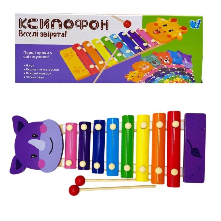 Ксилофон WToys, “Тварини”, дерев’яний, 8 нот, молоточки, в коробці (НОСОРІГ)