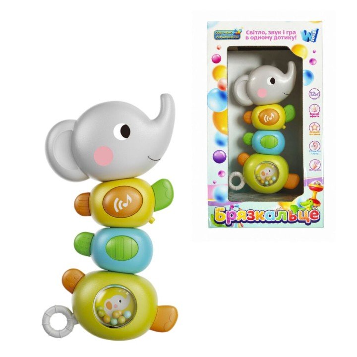Брязкальце WToys, ОЗВУЧУВАННЯ УКРАЇНСЬКОЮ МОВОЮ, підсвічування, пісні, тріскачки, обертальні елементи, прорізувач (СЛОН)