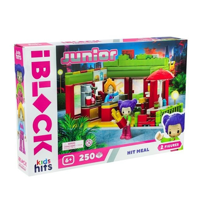 Конструктор IBLOCK JUNIOR Дівчатка, Модна їдальня, 250 дет,компл. 2 фігур, інстр., наліпки,короб. 32*21.5*5