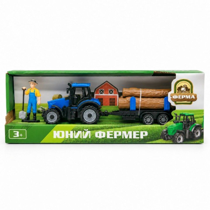 Трактор інерційний з причепом дрова і фігуркою (СИНІЙ)